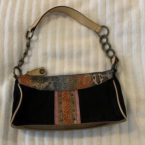 mondani New York Womens Shoulder Bag. Black Nylon with faux leather multi color.